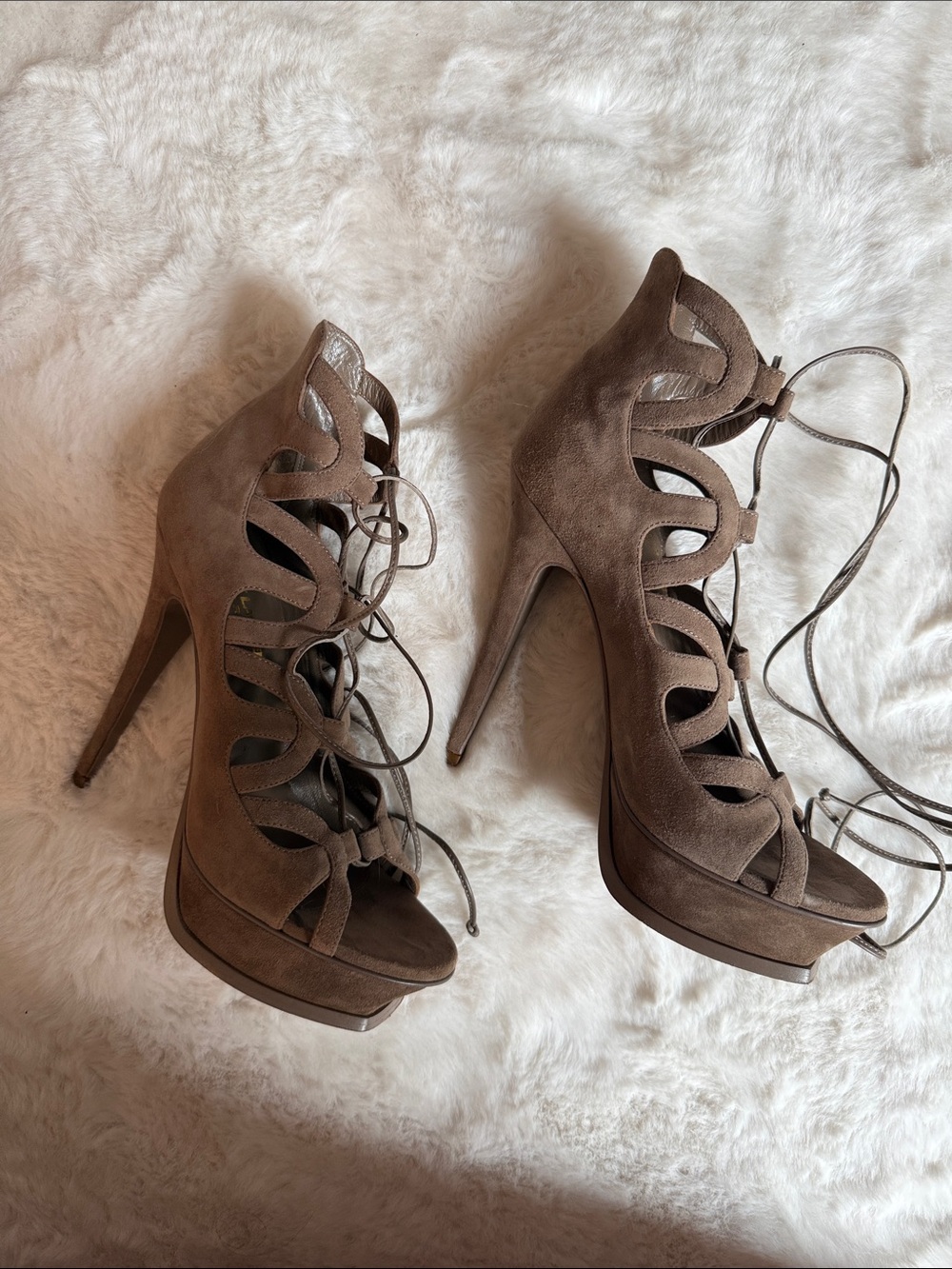 Saint Laurent Taupe Suede Lace-Up Cutout Stiletto Heels - Picture 5 of 6